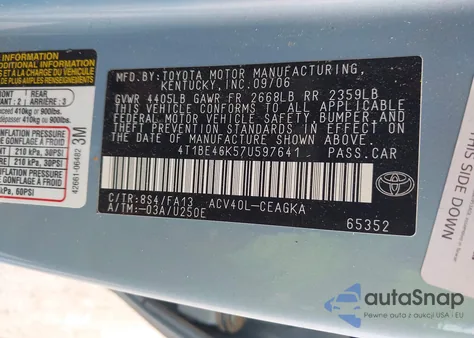 2007 Toyota Camry Xle from USA, damaged, VIN 4T1BE46K57U597641